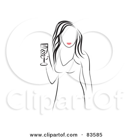 Royalty-Free (RF) Clipart Illustration of a Line Drawing Of A Red Lipped Woman Carrying A Glass Of Champagne by Prawny