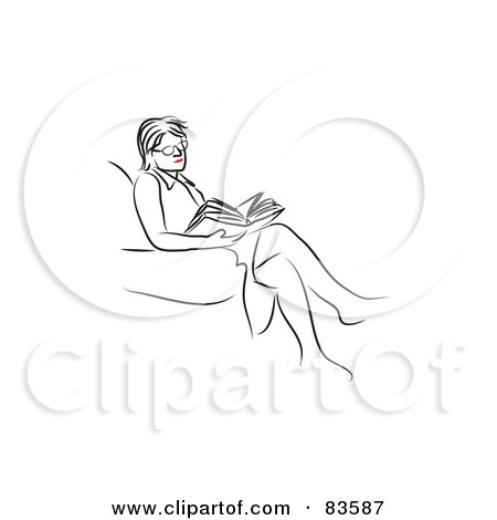 Royalty-Free (RF) Clipart Illustration of a Line Drawing Of A Red Lipped Woman Relaxed And Reading by Prawny