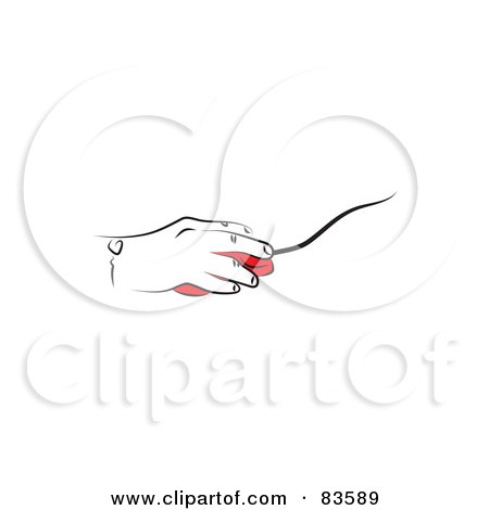 Royalty-Free (RF) Clipart Illustration of a Line Drawn Hand On A Red Computer Mouse by Prawny