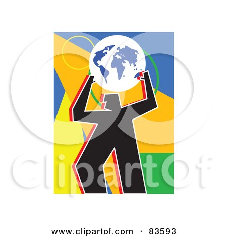 Royalty-Free (RF) Clipart Illustration of a Silhouetted Man Holding Up A Globe Over Geometric Shapes by Prawny