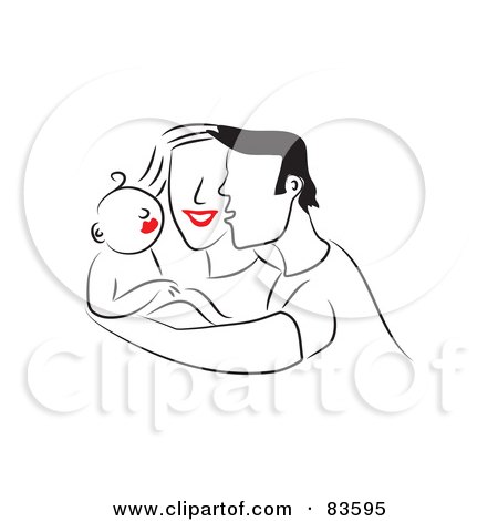 Royalty-Free (RF) Clipart Illustration of a Line Drawn Mom And Dad With Red Lips, Adoring Their Baby by Prawny