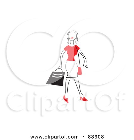 Royalty-Free (RF) Clipart Illustration of a Line Drawn Shopping Woman With Red Accessories by Prawny