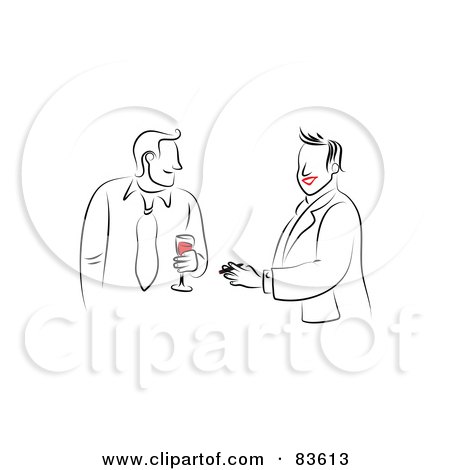 Royalty-Free (RF) Clipart Illustration of Line Drawn Men With Red Lips, Talking Over Drinks by Prawny