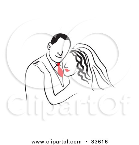 Royalty-Free (RF) Clipart Illustration of a Line Drawn Bride And Groom With A Red Tie And Lips by Prawny
