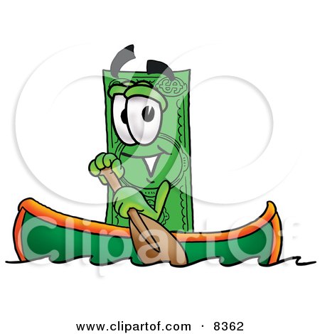 Clipart Picture of a Dollar Bill Mascot Cartoon Character Rowing a Boat by Mascot Junction