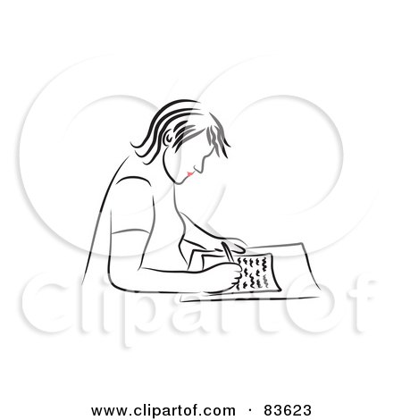 Royalty-Free (RF) Clipart Illustration of a Line Drawing Of A Red Lipped Woman Writing A Letter by Prawny