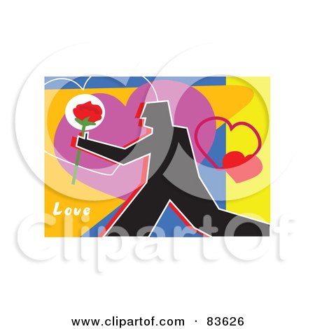 Royalty-Free (RF) Clipart Illustration of a Silhouetted Man Running With A Rose Over Hearts by Prawny