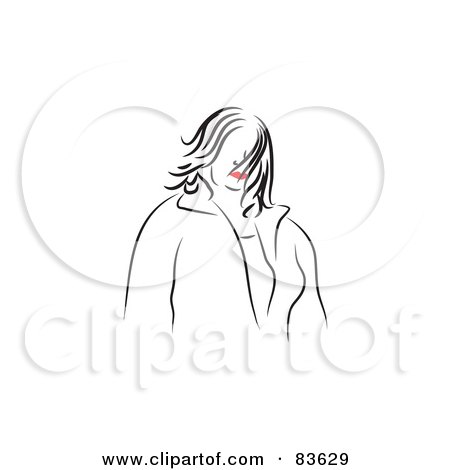 Royalty-Free (RF) Clipart Illustration of a Line Drawing Of A Red Lipped Woman With Windswept Hair by Prawny