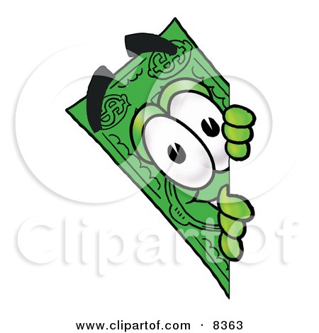 Clipart Picture of a Dollar Bill Mascot Cartoon Character Peeking Around a Corner by Mascot Junction