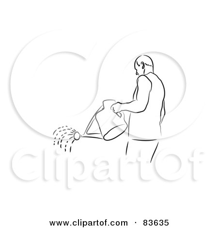 Royalty-Free (RF) Clipart Illustration of a Black And White Line Drawn Man Using A Watering Can - Version 1 by Prawny