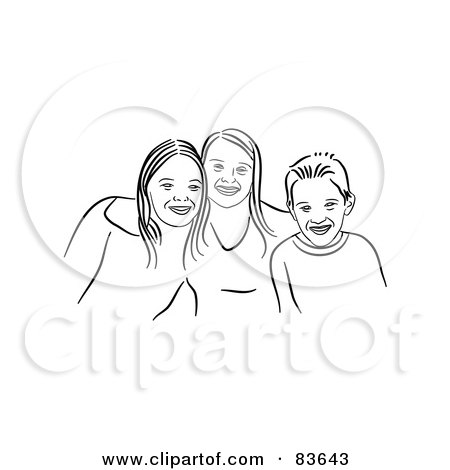 Royalty-Free (RF) Clipart Illustration of Two Happy Line Drawn Girls And Their Brother by Prawny