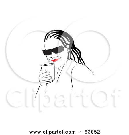 Royalty-Free (RF) Clipart Illustration of a Line Drawing Of A Red Lipped Woman Wearing Shades And Drinking by Prawny