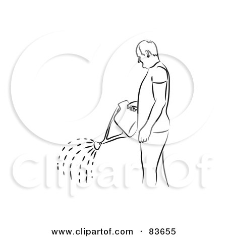 Royalty-Free (RF) Clipart Illustration of a Black And White Line Drawn Man Using A Watering Can - Version 2 by Prawny
