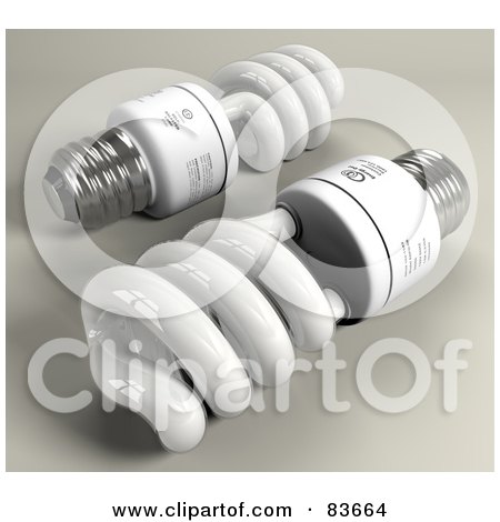 Royalty-Free (RF) Clipart Illustration of Two 3d Spiral Energy Saver Light Bulbs On Gray by Leo Blanchette
