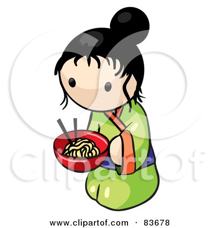 Royalty-Free (RF) Clipart Illustration of a Kneeling Japanese Human Factor Woman With A Bowl Of Saimin Noodles by Leo Blanchette