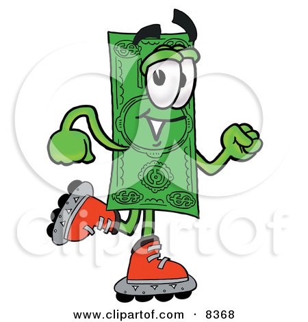 Clipart Picture of a Dollar Bill Mascot Cartoon Character Roller Blading on Inline Skates by Mascot Junction