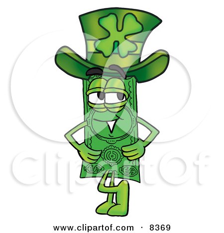 Clipart Picture of a Dollar Bill Mascot Cartoon Character Wearing a Saint Patricks Day Hat With a Clover on it by Mascot Junction