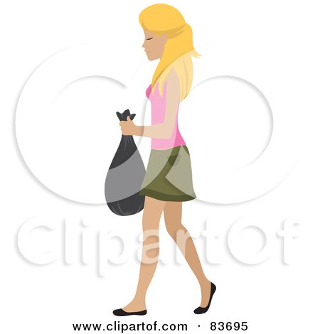 Royalty-Free (RF) Clipart Illustration of a Young Blond Caucasian Woman Taking Out A Bag Of Trash by Rosie Piter