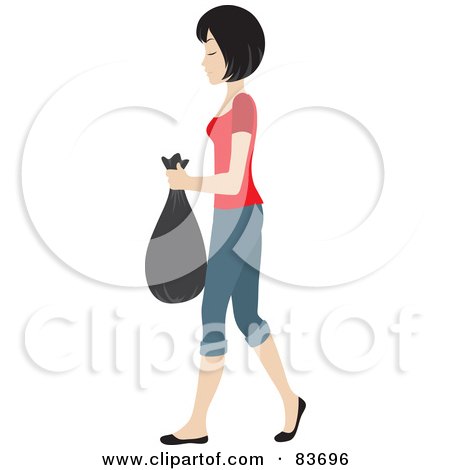Royalty-Free (RF) Clipart Illustration of a Young Black Haired Caucasian Woman Taking Out A Bag Of Garbage by Rosie Piter