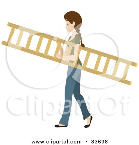 Royalty-Free (RF) Clipart Illustration of a Young Brunette Caucasian Woman Carrying A Wooden Ladder by Rosie Piter