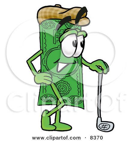 Clipart Picture of a Dollar Bill Mascot Cartoon Character Leaning on a Golf Club While Golfing by Mascot Junction
