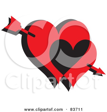 Royalty-Free (RF) Clipart Illustration of Cupid's Arrow Through Two Red And Black Hearts by Rosie Piter