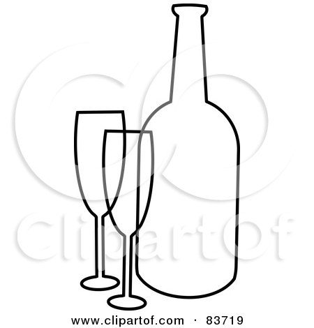 Royalty-Free (RF) Clipart Illustration of a Black And White Outline Of Two Glasses And A Champagne Bottle by Rosie Piter