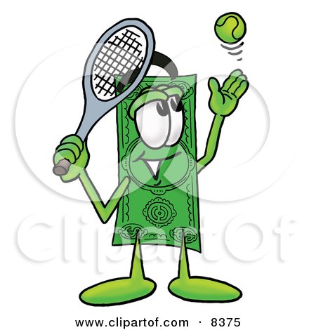 Clipart Picture of a Dollar Bill Mascot Cartoon Character Preparing to Hit a Tennis Ball by Mascot Junction