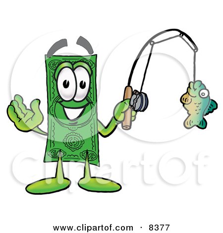 Clipart Picture of a Dollar Bill Mascot Cartoon Character Holding a Fish on a Fishing Pole by Mascot Junction