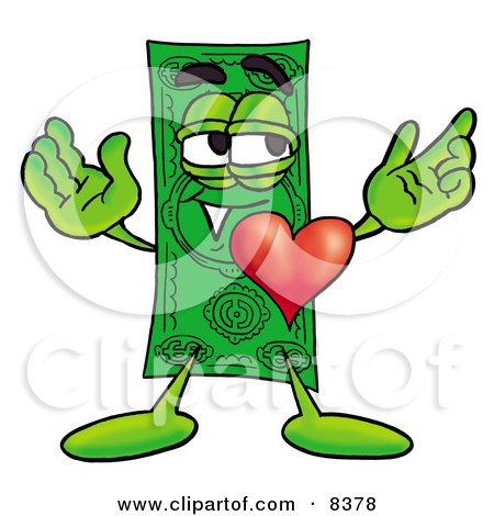 Clipart Picture of a Dollar Bill Mascot Cartoon Character With His Heart Beating Out of His Chest by Mascot Junction