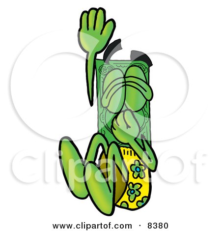 Clipart Picture of a Dollar Bill Mascot Cartoon Character Plugging His Nose While Jumping Into Water by Mascot Junction