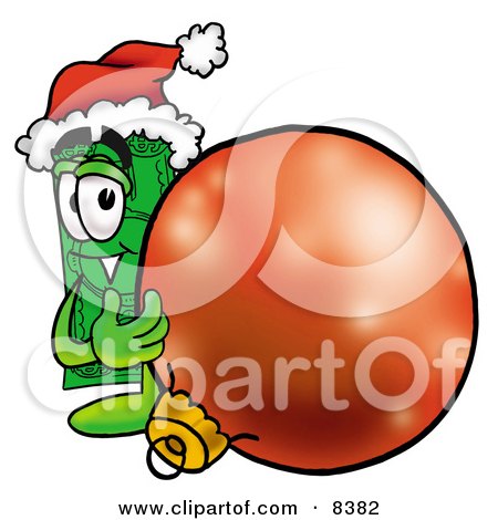 Clipart Picture of a Dollar Bill Mascot Cartoon Character Wearing a Santa Hat, Standing With a Christmas Bauble by Mascot Junction