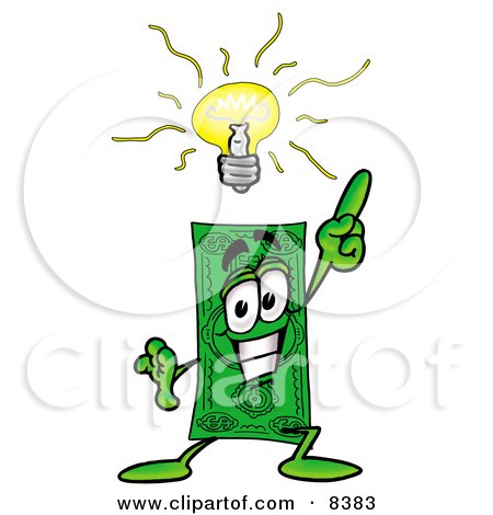Clipart Picture of a Dollar Bill Mascot Cartoon Character With a Bright Idea by Mascot Junction
