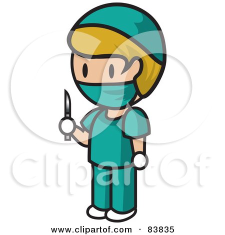 Royalty-Free (RF) Clipart Illustration of a Blond Caucasian Mini Person Surgeon Man In Scrubs, Holding A Scalpel by Rosie Piter
