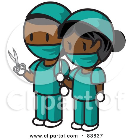 Royalty-Free (RF) Clipart Illustration of an Indian Mini Person Surgeon Man And Woman In Scrubs, Holding Scissors And A Scalpel by Rosie Piter