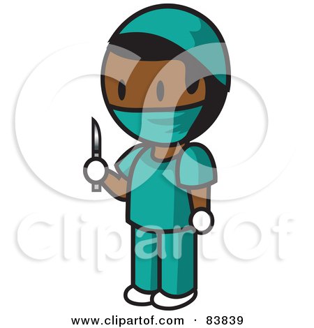Royalty-Free (RF) Clipart Illustration of an Indian Mini Person Surgeon Man In Scrubs, Holding A Scalpel by Rosie Piter