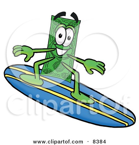 Clipart Picture of a Dollar Bill Mascot Cartoon Character Surfing on a Blue and Yellow Surfboard by Mascot Junction