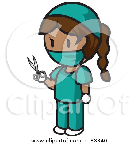 Royalty-Free (RF) Clipart Illustration of a Brunette Hispanic Mini Person Surgeon Woman In Scrubs, Holding Scissors by Rosie Piter
