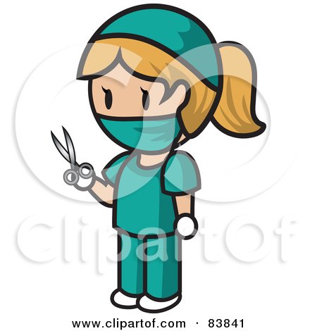 Royalty-Free (RF) Clipart Illustration of a Blond Caucasian Mini Person Surgeon Woman In Scrubs, Holding Scissors by Rosie Piter