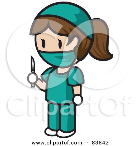 Royalty-Free (RF) Clipart Illustration of a Brunette Caucasian Mini Person Surgeon Woman In Scrubs, Holding A Scalpel by Rosie Piter