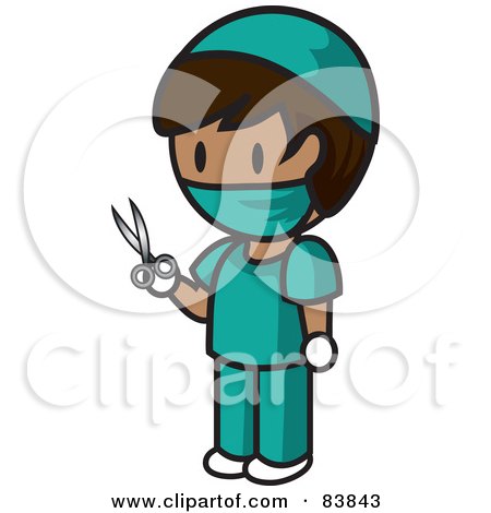 Royalty-Free (RF) Clipart Illustration of a Mini Person Surgeon Woman In Scrubs, Holding Scissors by Rosie Piter