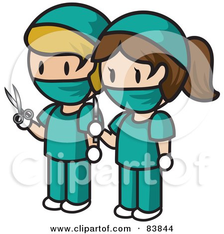 Royalty-Free (RF) Clipart Illustration of a Caucasian Mini Person Surgeon Man And Woman In Scrubs, Holding Scissors And A Scalpel by Rosie Piter