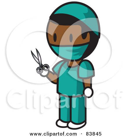 Royalty-Free (RF) Clipart Illustration of an Indian Mini Person Surgeon Man In Scrubs, Holding Scissors by Rosie Piter