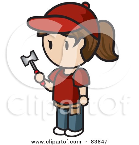 Royalty-Free (RF) Clipart Illustration of a Brunette Caucasian Mini Person Woman Holding A Hammer by Rosie Piter
