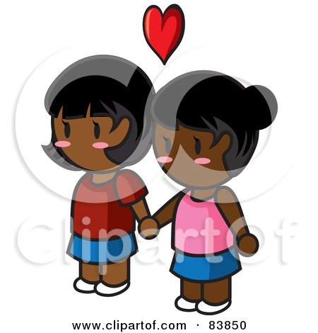Royalty-Free (RF) Clipart Illustration of a Lesbian Indian Mini Person Couple Holding Hands Under A Heart by Rosie Piter