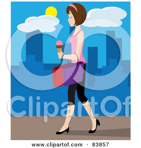 Royalty-Free (RF) Clipart Illustration of a Caucasian Woman Walking On A City Sidewalk, Carrying Ice Cream And Shopping Bags by Rosie Piter