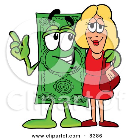 Clipart Picture of a Dollar Bill Mascot Cartoon Character Talking to a Pretty Blond Woman by Mascot Junction