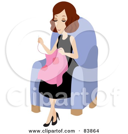 Royalty-Free (RF) Clipart Illustration of a Pleasant Brunette Caucasian Woman Sitting In A Chair And Sewing by Rosie Piter