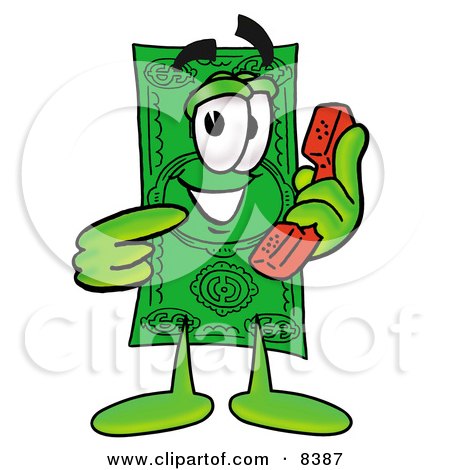 Clipart Picture of a Dollar Bill Mascot Cartoon Character Holding a Telephone by Mascot Junction