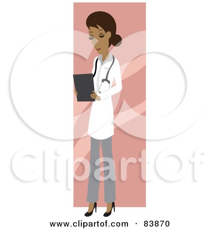 Royalty-Free (RF) Clipart Illustration of a Hispanic Female Doctor Looking Down At Charts by Rosie Piter